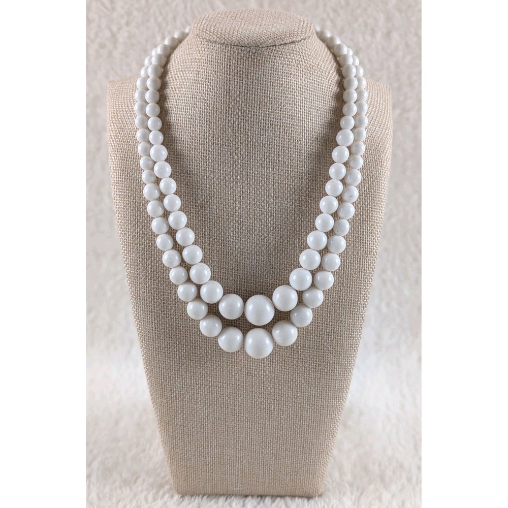 Vintage White Bead‎ Double Strand Necklace Hong Kong Graduated Beads 50s 60s